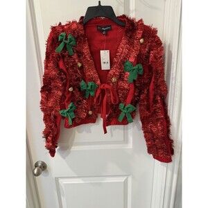Women's Tinsel Festive Graphic Cardigan - Red M VIRAL RARE